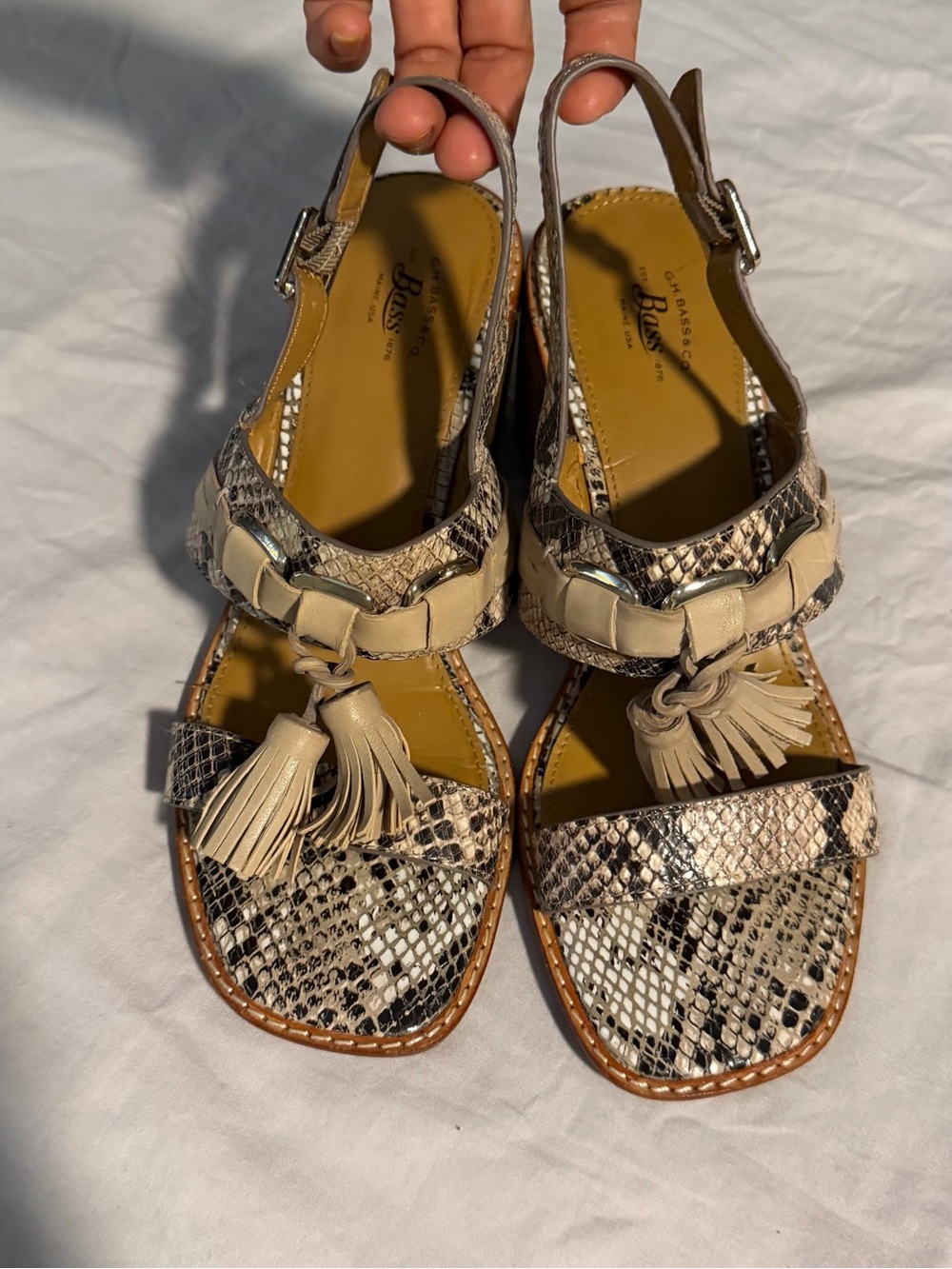 Bass Beige and Black Snake-Print Tassel Slingback Sandals